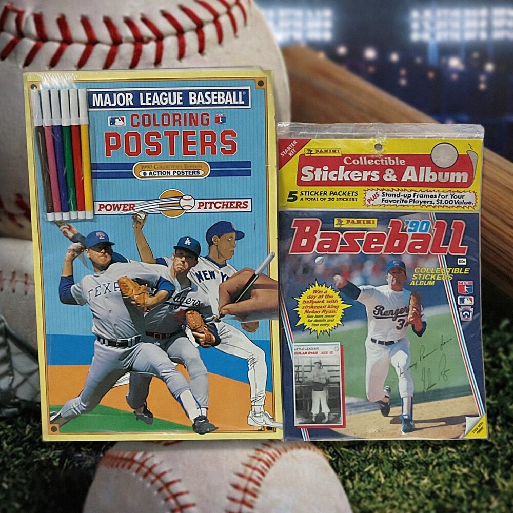 MLB Coloring Posters + 1990 Panini Baseball Sticker Album Sealed Vintage 1990